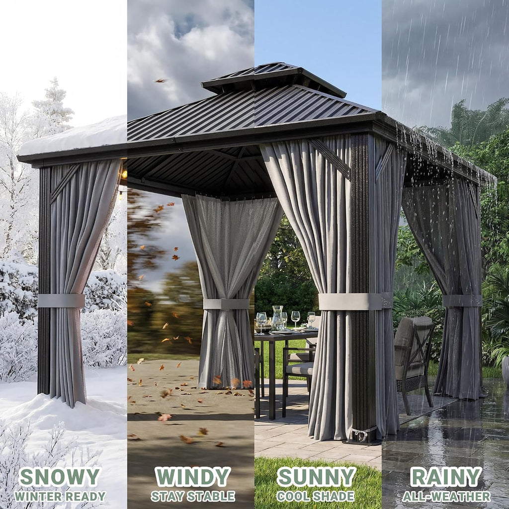 AirWire 10'x10' Outdoor Gazebo Hardtop Grill Gazebo Aluminum Galvanized Steel Double Roof Outdoor Pergola Include Curtain and Netting for Backyard, Patio, Lawn