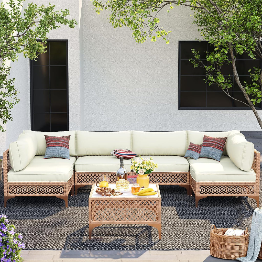 7-Piece Generous Patio Furniture Set, Wicker Outdoor Sectional Set with Large Tempered Glass Coffee Table, Boho Patio Conversation Couch Set with Thickened and Enlarged Cushion and Throw Cushion