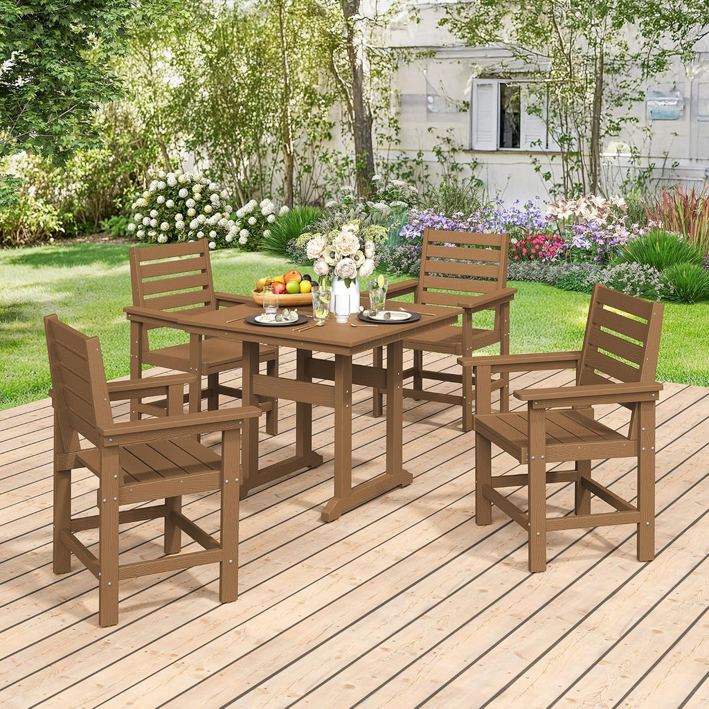 5 Piece Outdoor Dining Set, HDPS Patio Table and Chairs Set, 35' Patio Table with 1.96' Umbrella Hole & 4 Chairs, All Weather Furniture for Garden, Backyard, Poolside (Brown)