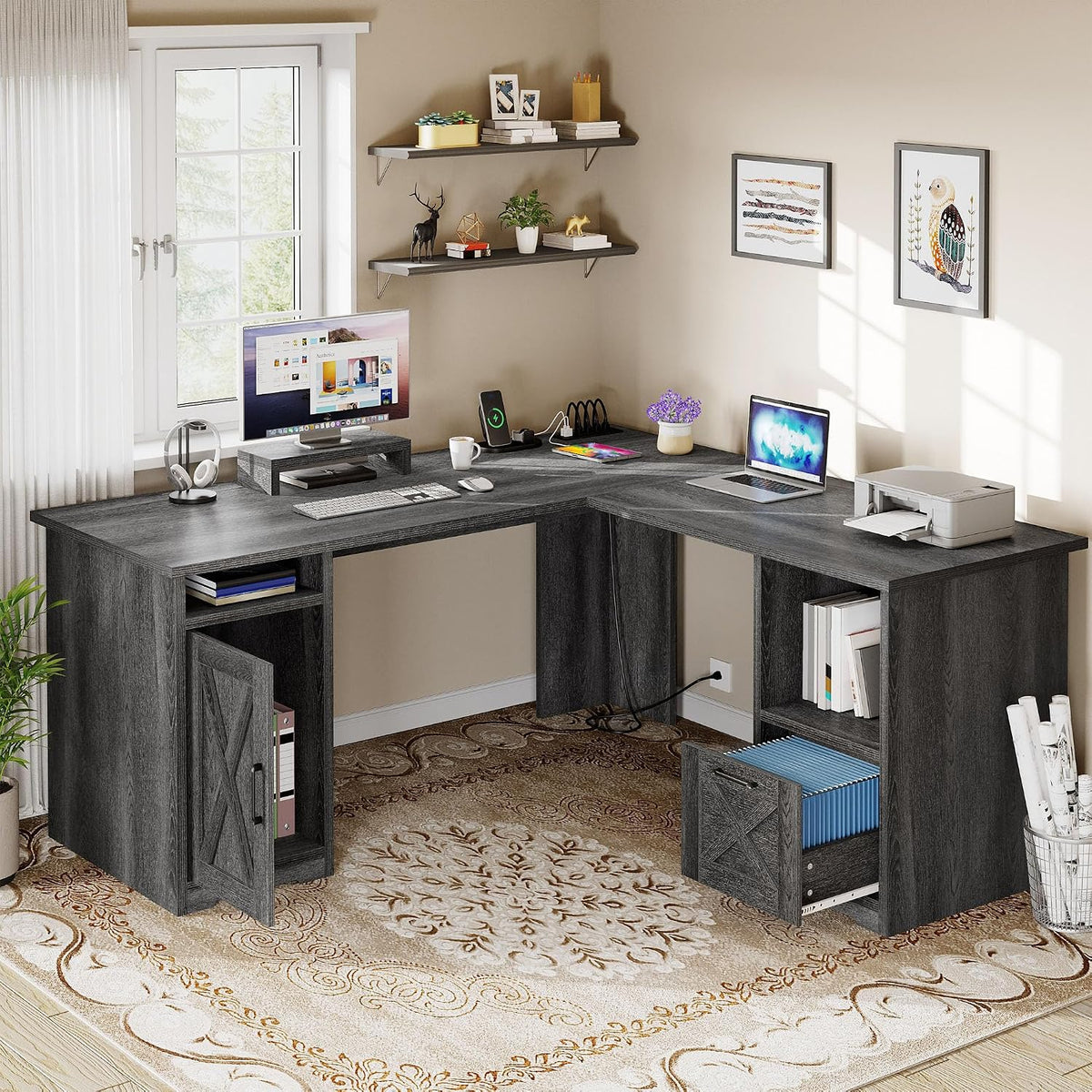DWVO L Shaped Desk with File Drawer, 60' Corner Computer Desk with Power Outlets, Home Office Desk with Monitor Stand & Storage Shelves & File Cabinet, Grey