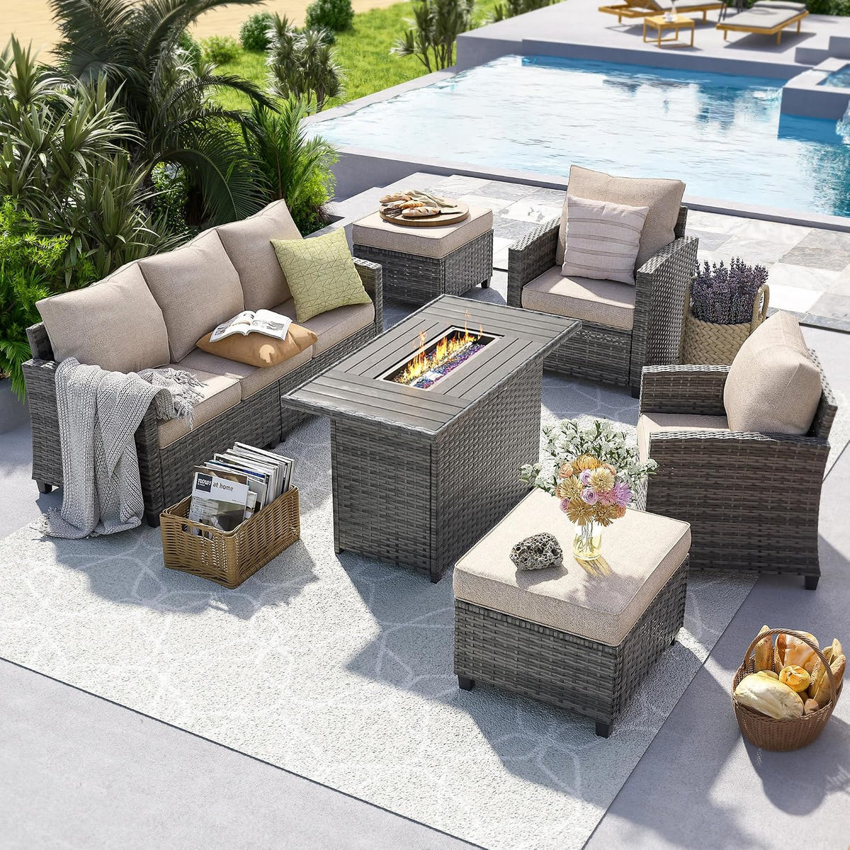 UDPATIO Patio Furniture Set with 44' Fire Pit Table, 6 Pieces Outdoor Sectional Conversation Sets, All-Weather Wicker Rattan Sofa Ottoman with 4' Thick Cushion for Garden Backyard Deck, Khaki