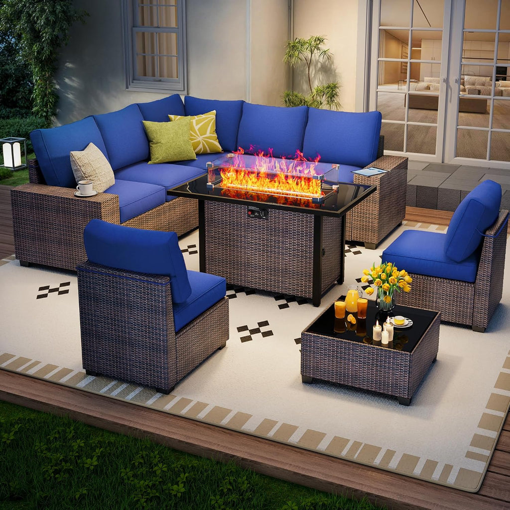 9 Piece Outdoor Patio Furniture Set with 43'' Fire Pit Table, Outdoor Sectional Furniture, Rattan & Wicker Modern Modular Conversation Set Sofa Couch W/Water Resistant Thick Cushions, Brown/Blue