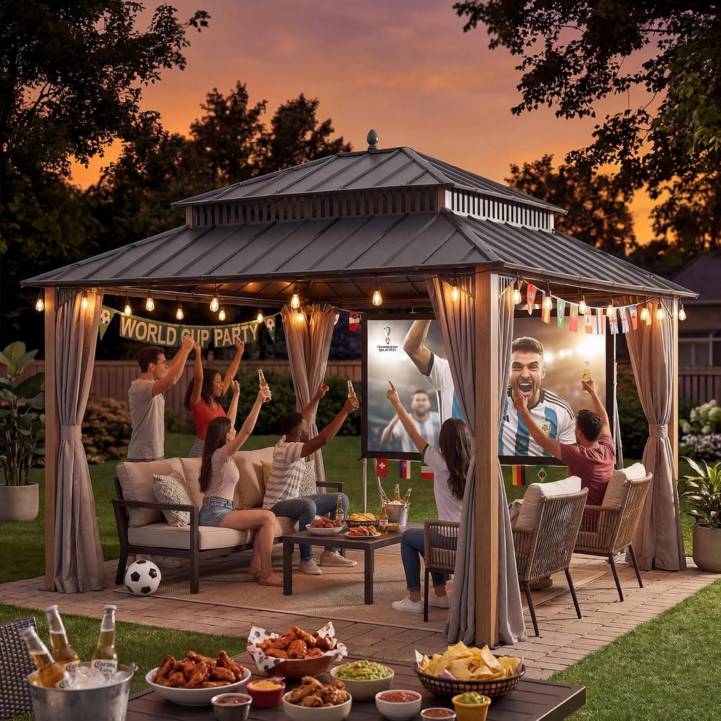 SUNJOY Kingston 14' x 12' Hardtop Gazebo with Curtain, Netting and Galvanized Steel Double Roof, Woodgrain Finish Aluminum Posts Permanent Pavilion Gazebo for Garden, Patio, Deck, Lawn