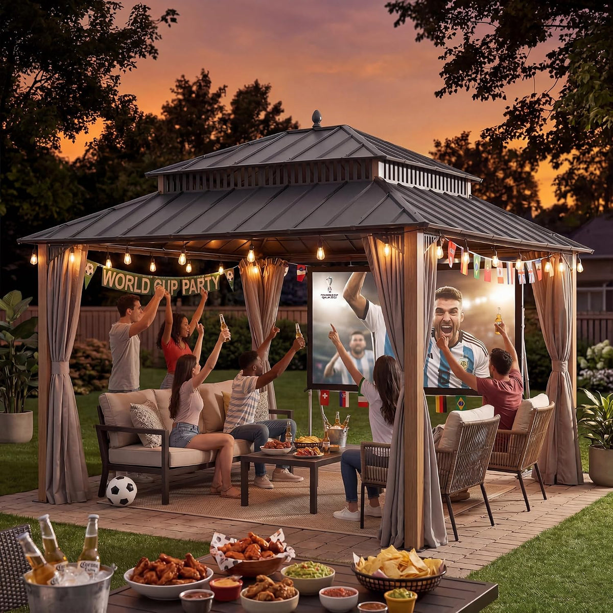 SUNJOY Kingston 14' x 12' Hardtop Gazebo with Curtain, Netting and Galvanized Steel Double Roof, Woodgrain Finish Aluminum Posts Permanent Pavilion Gazebo for Garden, Patio, Deck, Lawn