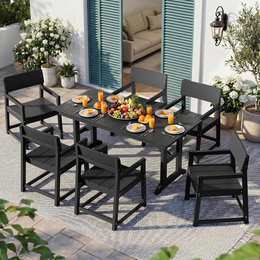 Vongrasig 7 Pieces Patio Dining Set, All Weather Outdoor HDPE Dining Furniture Set with Table and Chairs for 6, Patio Furniture Set with Umbrella Hole for Lawn, Backyard, Poolside, Black