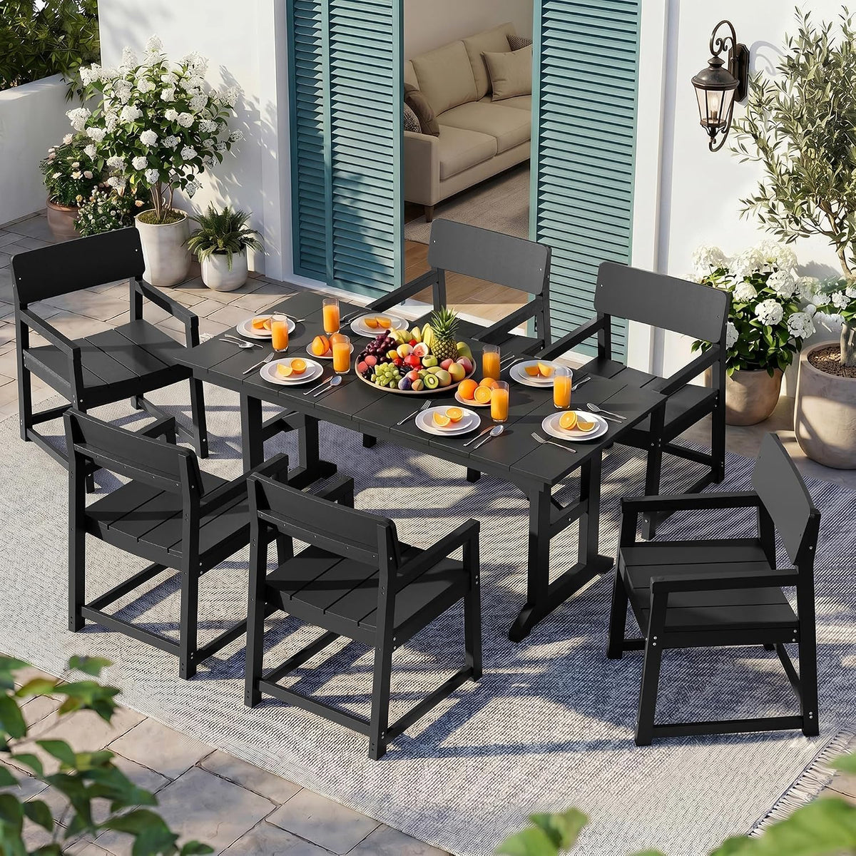 Vongrasig 7 Pieces Patio Dining Set, All Weather Outdoor HDPE Dining Furniture Set with Table and Chairs for 6, Patio Furniture Set with Umbrella Hole for Lawn, Backyard, Poolside, Black