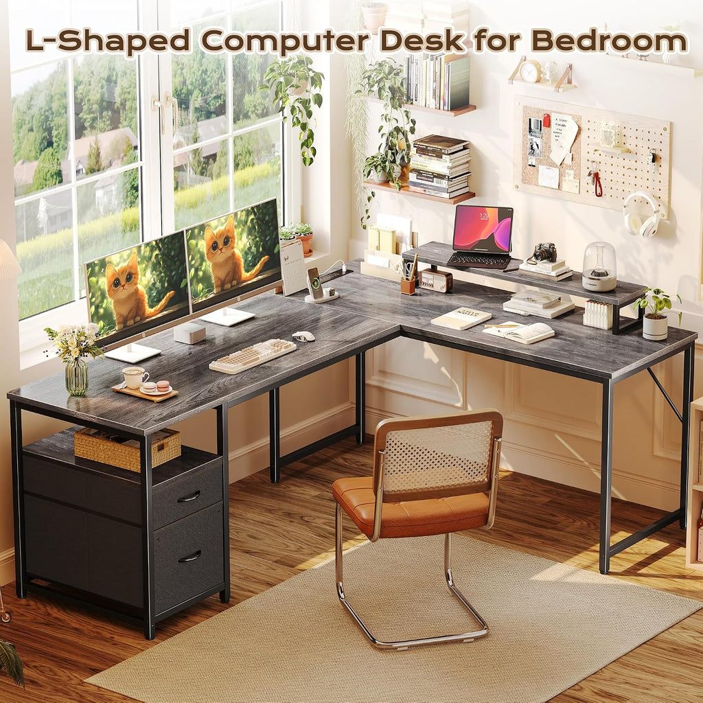PRAISUN 63 Inch L Shaped Desk with Power Outlets and USB-C Port, Computer Corner Home Office Desk with File Fabric Drawers and Movable Monitor Stand, Larger Storage, Gaming, Writing, Work, Grey