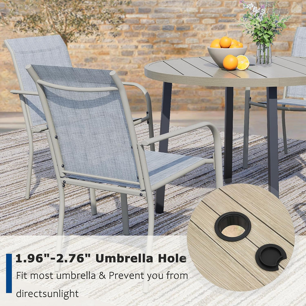 5 Pieces Patio Dining Set for 4, Beige Blue Patio Stackable Chairs and Honey Oak Round Table Set of 4, Outdoor Furniture Set with Sling Support for Outside, Garden