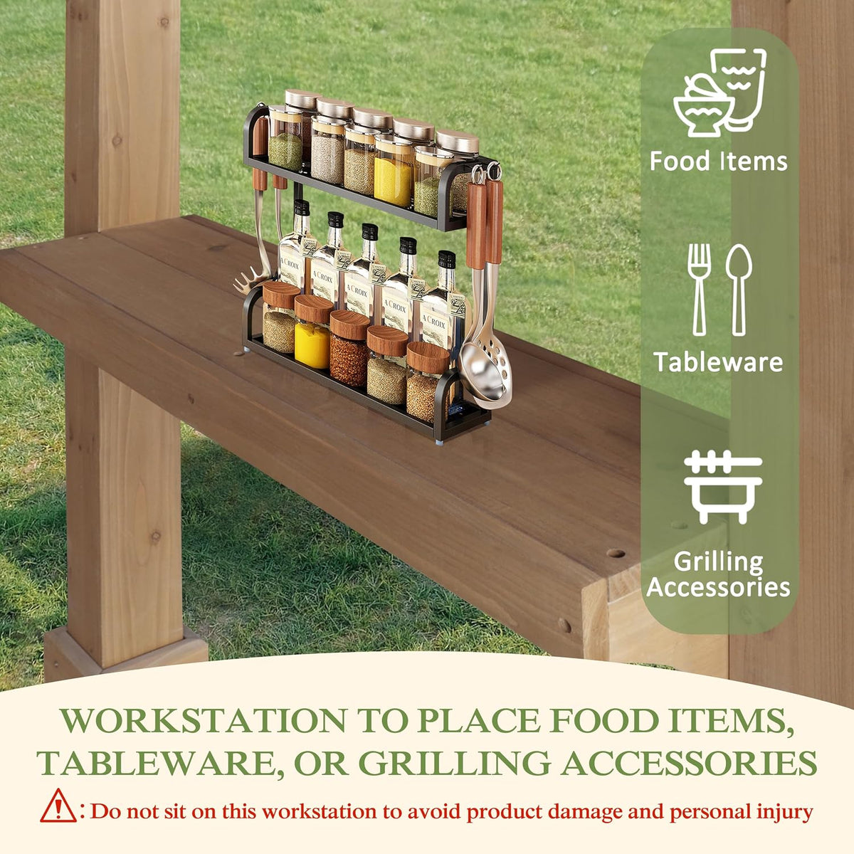 Yardenaler 8 x 5 FT Wooden Grill Gazebo with Sloping Metal Roof, Outdoor Grill Gazebo with 2 Grilling Workstations, BBQ Canopy for Outdoor Patio, Lawn, Garden, Light Mocha Brown