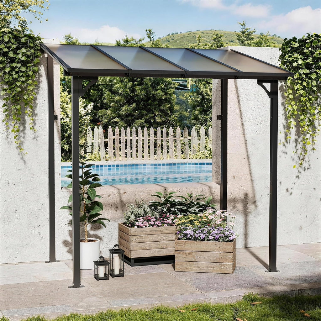5' x 8' Lean to Gazeb,Hardtop Galvanized Steel Pergola with Sloped Polycarbonate Roof,Wall Mounted Gazebo Patio Canopy with Ground Anchor for Backyard Deck