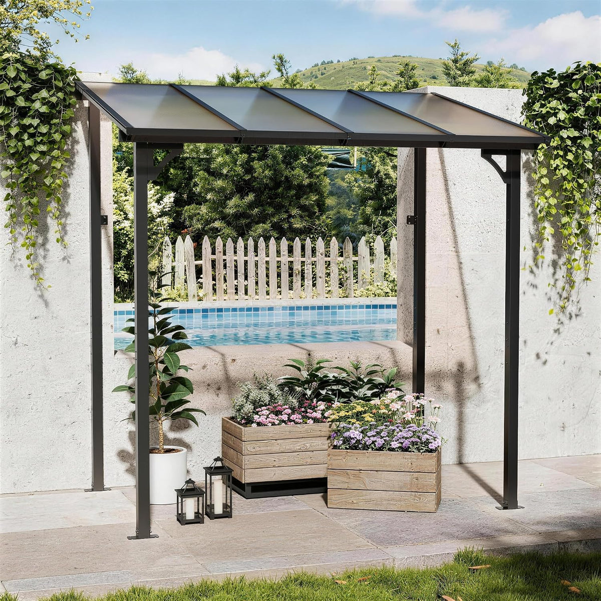 5' x 8' Lean to Gazeb,Hardtop Galvanized Steel Pergola with Sloped Polycarbonate Roof,Wall Mounted Gazebo Patio Canopy with Ground Anchor for Backyard Deck