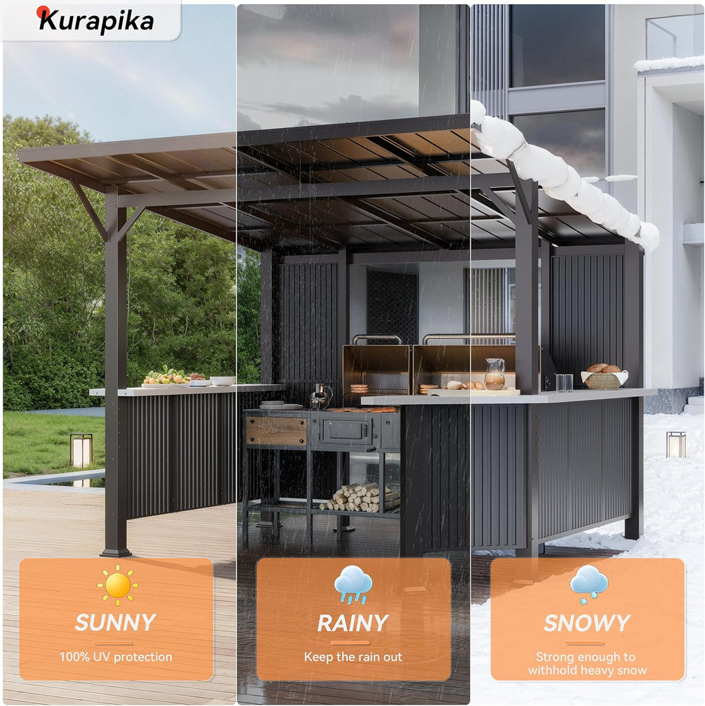 Kurapika 10' x 10'Hardtop BBQ Outdoor Gazebo,Waterproof Sloping Roof and Sturdy Steel Frame, Extended Bar Tops, Smoke-Venting Iron Canopy for Patio, Yard, Garden, for Familie Party