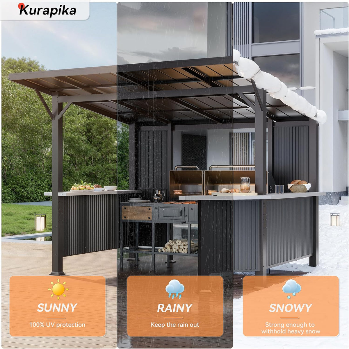Kurapika 10' x 10'Hardtop BBQ Outdoor Gazebo,Waterproof Sloping Roof and Sturdy Steel Frame, Extended Bar Tops, Smoke-Venting Iron Canopy for Patio, Yard, Garden, for Familie Party