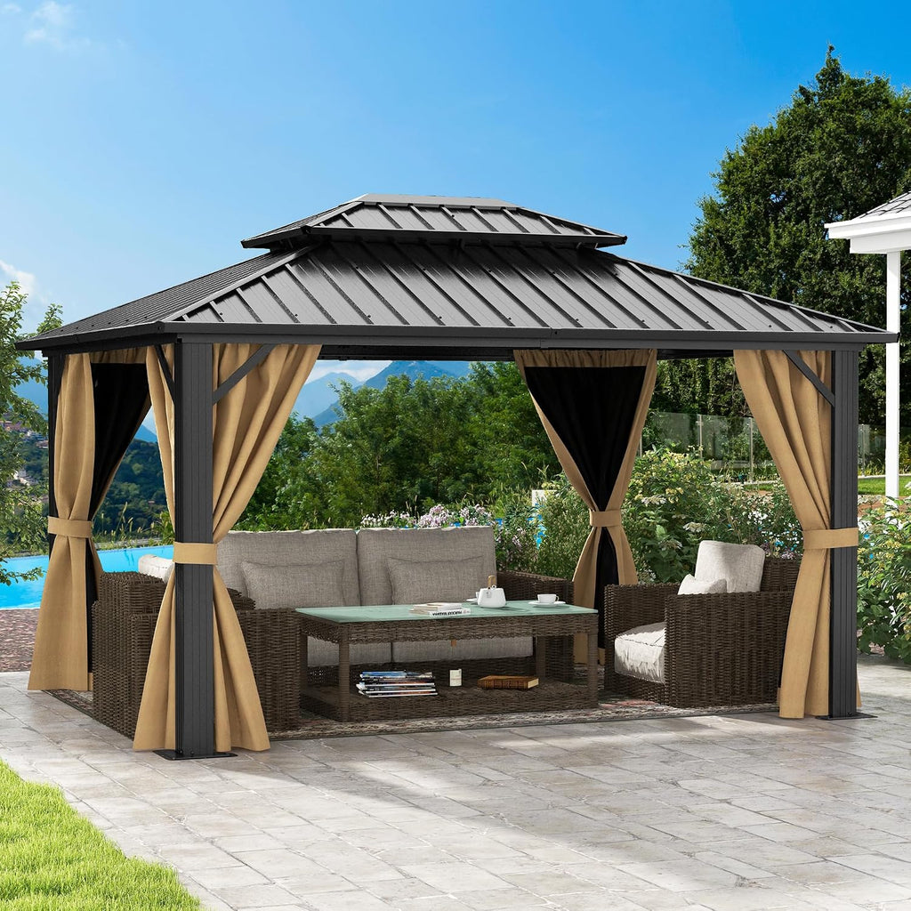 DWVO 10x12ft Hardtop Gazebo Double Roof Gazebo with Nettings and Curtains, Heavy Duty Galvanized Steel Outdoor Vertical Stripes Roof for Patio, Backyard, Deck, Lawns, Brown
