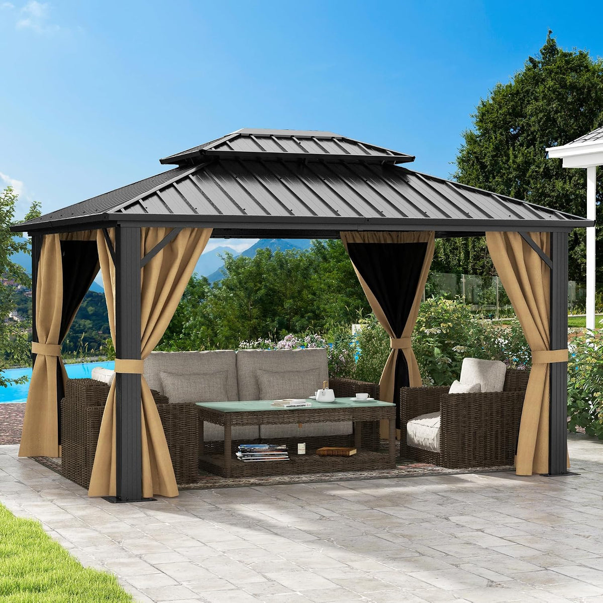 DWVO 10x12ft Hardtop Gazebo Double Roof Gazebo with Nettings and Curtains, Heavy Duty Galvanized Steel Outdoor Vertical Stripes Roof for Patio, Backyard, Deck, Lawns, Brown