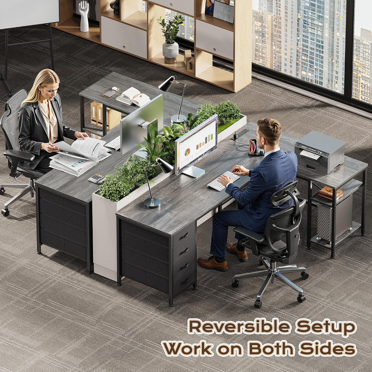 Huuger 55 Inch L Shaped Desk with Fabric Drawers, Reversible Computer Gaming Desk with Power Outlets and USB-C Port, Adjustable Side Storage Shelves, for Work Study Corner Home Office, Grey,1CD078H