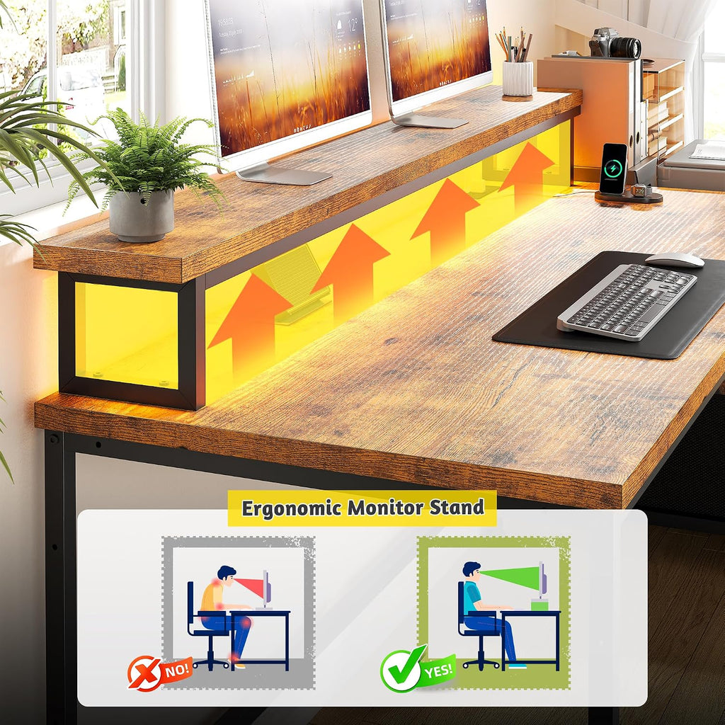 DurayLoly Computer Desk with Monitor Stand,Office Desk with LED Lights &Power Outlets,Gaming Desk with Drawers & Printer Shelf,Writing Table with Side Storage Bag,57' W x 20' D x 36' H,Rustic Brown