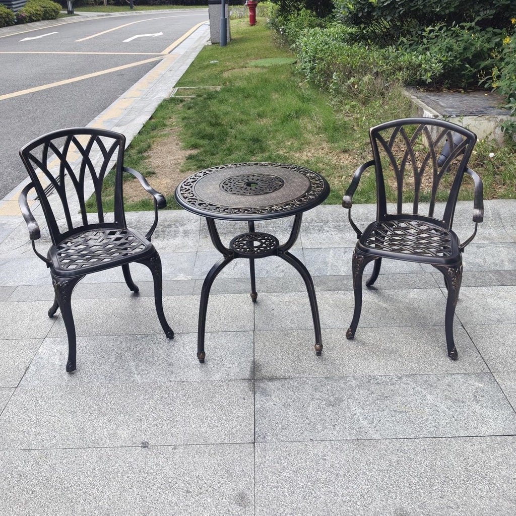KAILI 3 Piece Bistro Table Set Cast Aluminum Outdoor Patio Furniture with Chair with armrests (Bronzed)