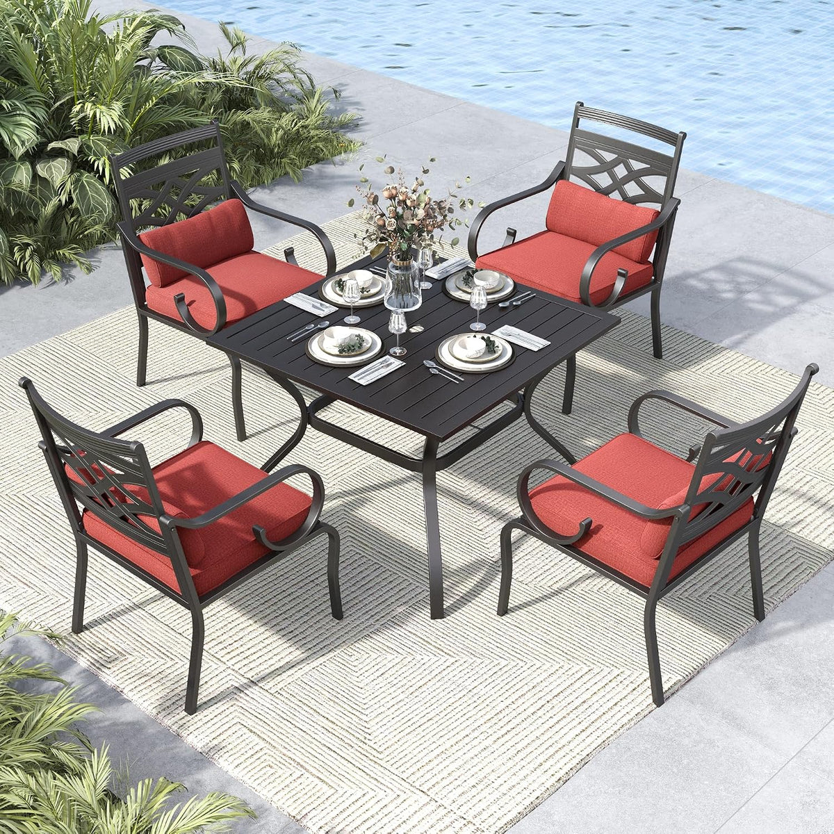 MFSTUDIO Patio Table and Chairs Set, Outdoor Dining Set for 4 with Umbrella Hole, 5 Piece Patio Dining Sets for Deck,(Red)