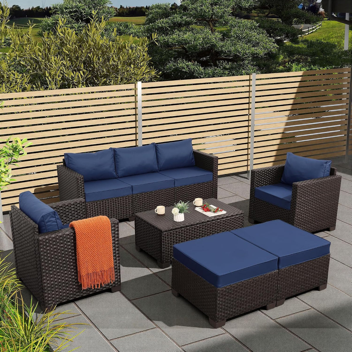 Rattan Star 6 Pieces Patio Outdoor Furniture Conversation Sets Patio Wicker Sofa Set with Outdoor Couch Patio Chairs and Storage Table Non-Slip Cushions Waterproof Covers, Navy Blue