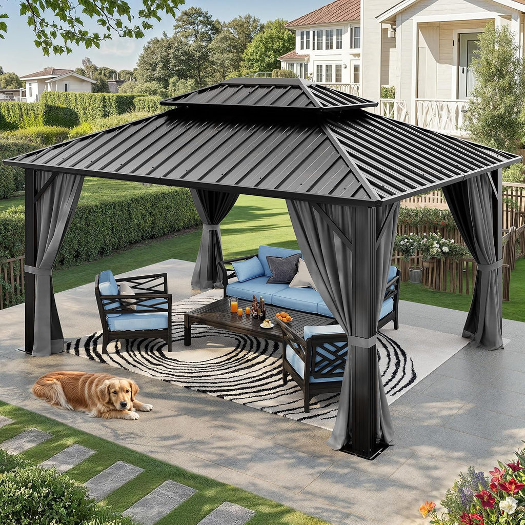 YITAHOME 10X12FT Hard Top Metal Gazebo Patios Double Roof Canopy Aluminum Frame Garden Gazebo Tent Curtains Netting for Patios Backyards Decks Lawns Gray