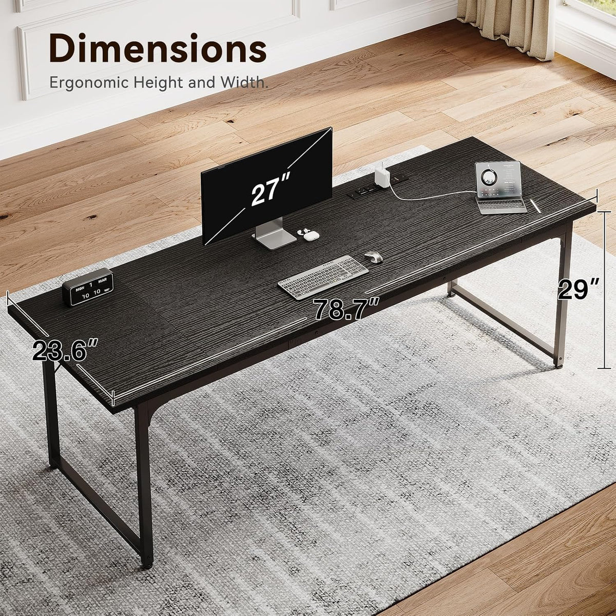 Coleshome 79 Inch Large Computer Desk with Power Outlet, Extra Long Desk for Home Office & Gaming, Spacious Writing Table for Study and Crafting, Black