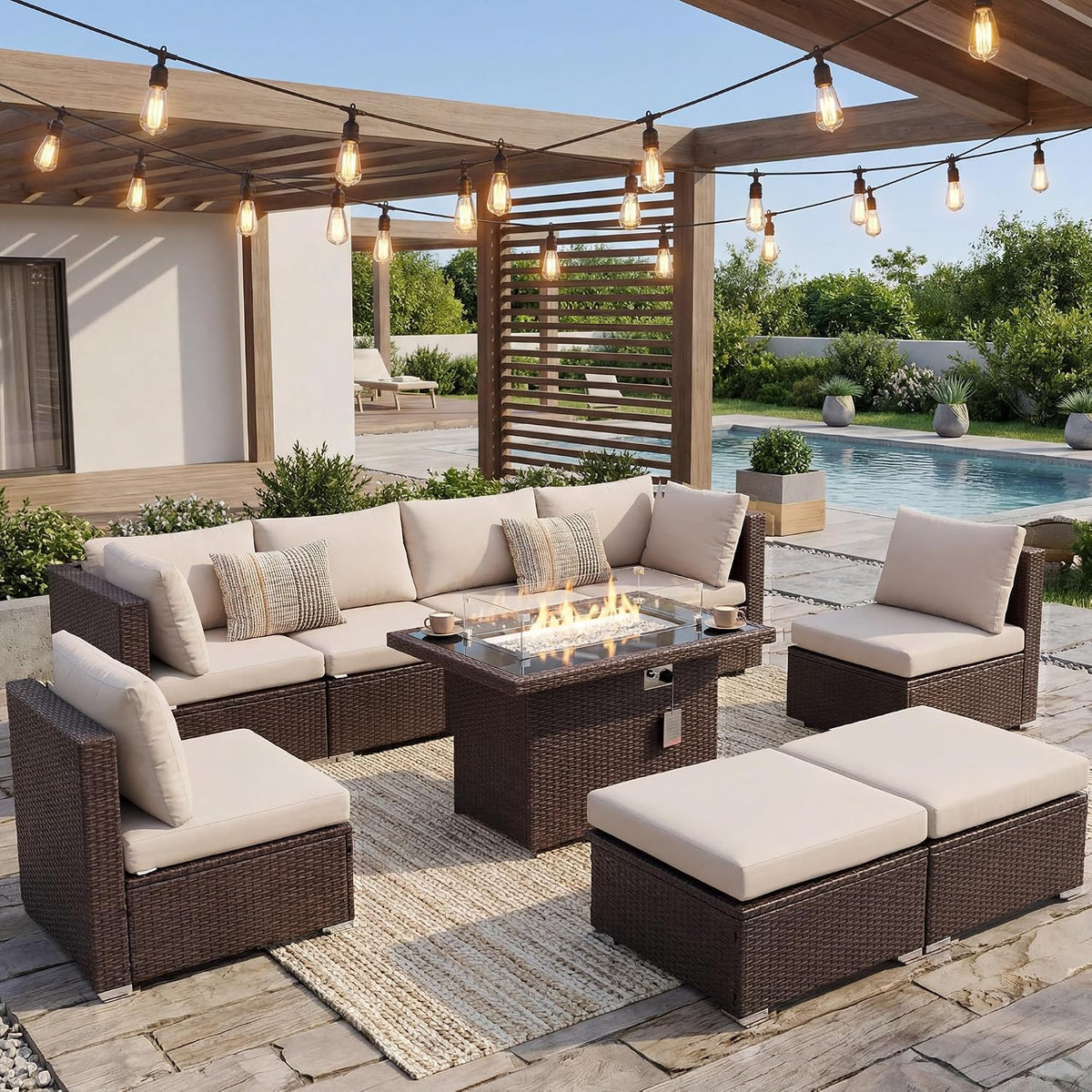 BULEXYARD 9 Piece Highback Patio Furniture Set with Fire Pit Table, Modern Modular Outdoor Sectional Couch Sofa with Ottoman, 8-Seater Backyard Seating for Exterior, Deck, Brown Wicker & Beige Cushion