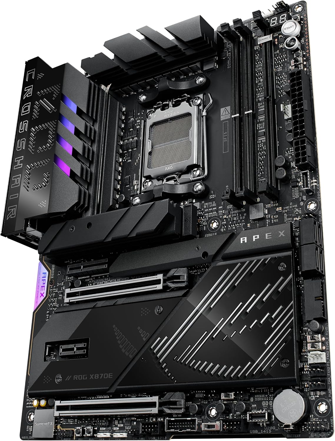 ASUS ROG Crosshair X870E APEX AMD X870E AM5 ATX Motherboard, Advanced AI PC-Ready, 18+2+2 Stages, DDR5, ROG Memory Fan, ROG DIMM.2 Card, Wi-Fi 7, 5G LAN, 3X M.2, PCIe® 5.0, USB4®, USB Type-C®, AI OC