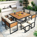 Merax 9 Pieces Outdoor Dining Set for 8 People, Acacia Wood Patio Furniture Sets with 1 Square Table, 4 Cushioned Chairs and 4 Ottomans for Backyard, Garden, Lawn, Poolside, Space Saving Design, Beige