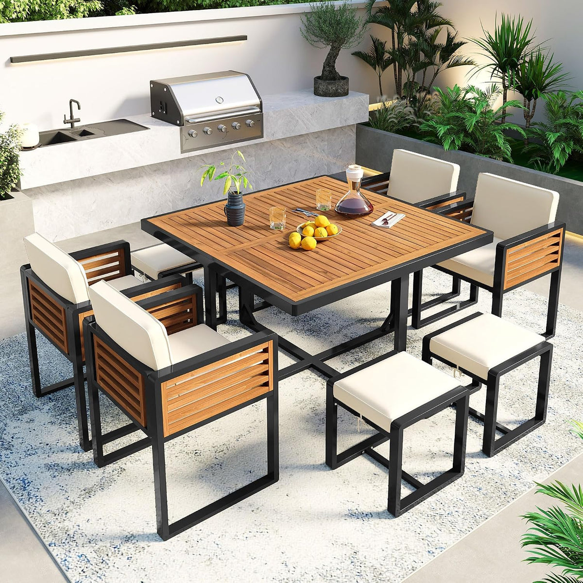 Merax 9 Pieces Outdoor Dining Set for 8 People, Acacia Wood Patio Furniture Sets with 1 Square Table, 4 Cushioned Chairs and 4 Ottomans for Backyard, Garden, Lawn, Poolside, Space Saving Design, Beige