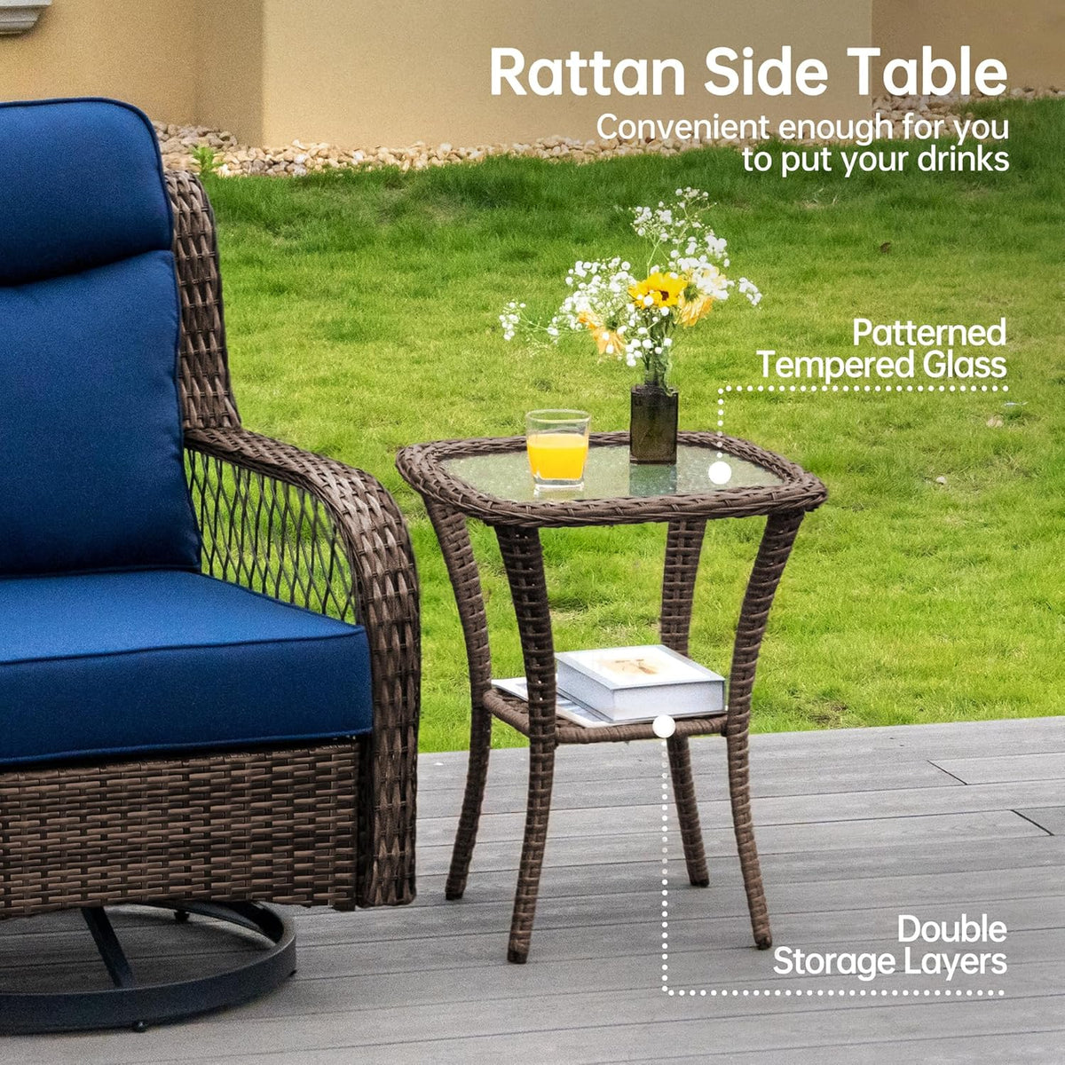 PIZZELLO Patio Bistro Set 6 Piece Wicker Rocking Chairs Sets Outdoor Swivel Chair Furniture Set with Rattan Side Table, 5' Thick Cushion Glide Rocker for Outside Porch Deck Garden Backyard