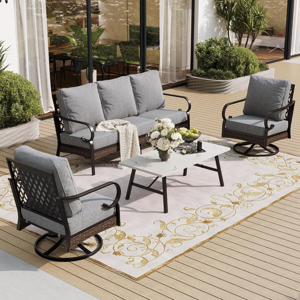 SUNSHINE VALLEY 4 PCS Metal Outdoor Patio Furniture Set, Patio Conversation Sets 1 3-Seater Sofa, 2 Swivel Chairs with 5.75' Extra Thick Cushion & Coffee Table, Black Frame Backyard Furniture, Gray