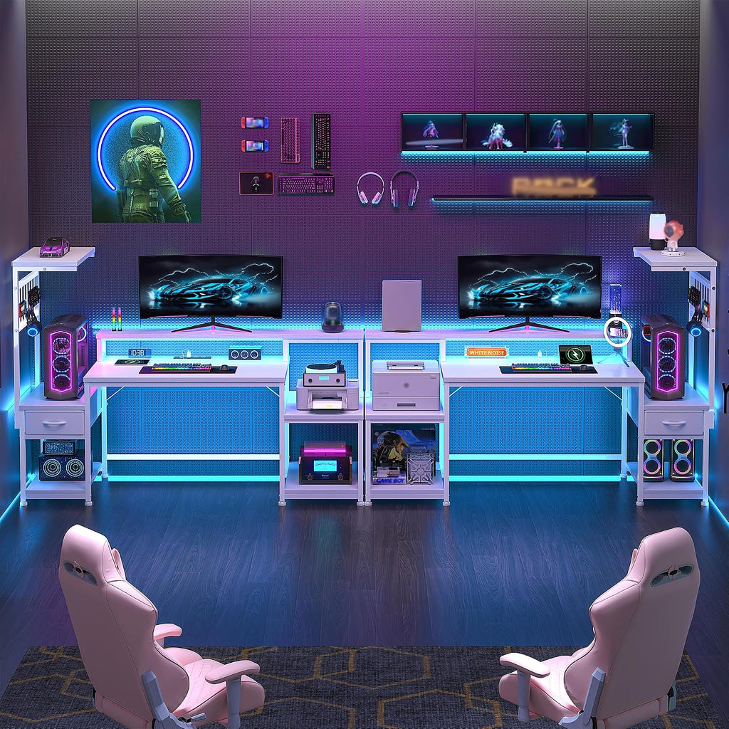 DurayLoly 55' Computer Desk with LED Lights & Outlets,Office Desk with Drawers & Monitor Stand,Gaming Desk with 3 Storage Shelves, Hooks& Printer Space for Game&Study Room,Home Office,Bedroom,White