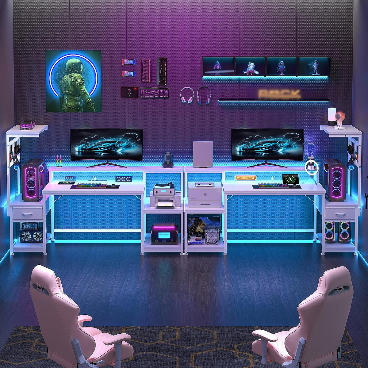 DurayLoly 55' Computer Desk with LED Lights & Outlets,Office Desk with Drawers & Monitor Stand,Gaming Desk with 3 Storage Shelves, Hooks& Printer Space for Game&Study Room,Home Office,Bedroom,White