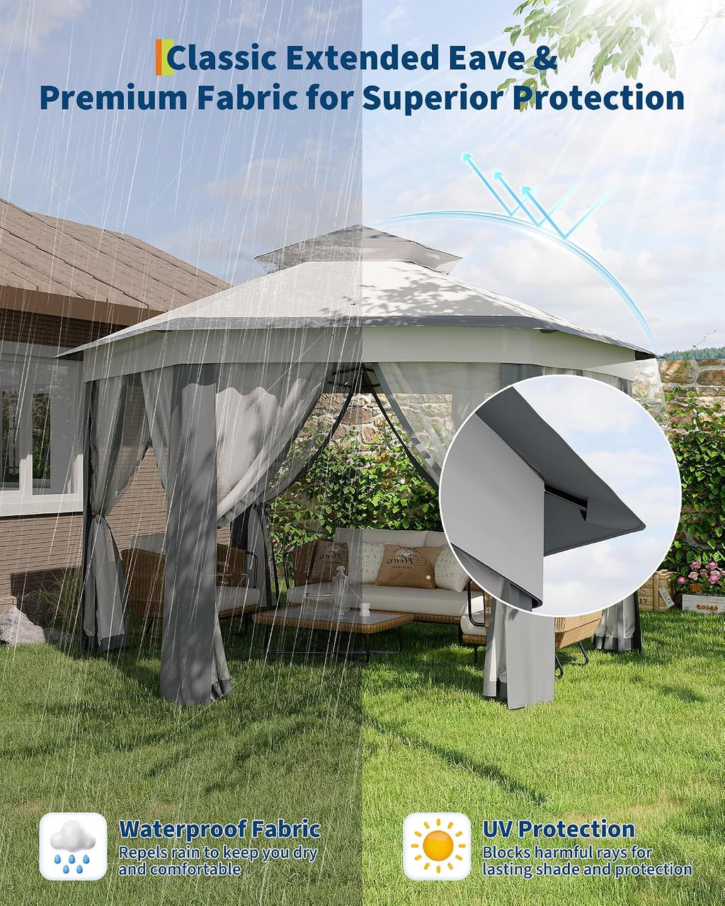 GarveeLife 13'x13' Pop-Up Gazebo, Outdoor Hexagonal Patio Gazebo with Mosquito Netting, Instant Setup Canopy Tent with Strong Steel Frame and Sandbags, for Backyard, Gardens, Patio (Grey)