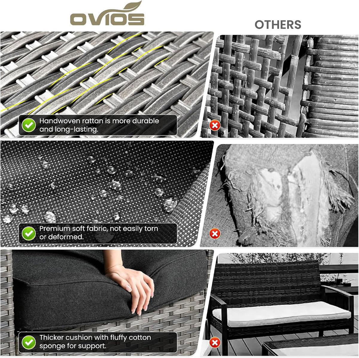 ovios 7 Pieces Patio Furniture Set with 42' Fire Pit Table, Outdoor Sofa Couch with Solar Lights Table Comfy Cushions, Modern Deep Seat Wicker Rattan Conversation Set, Black