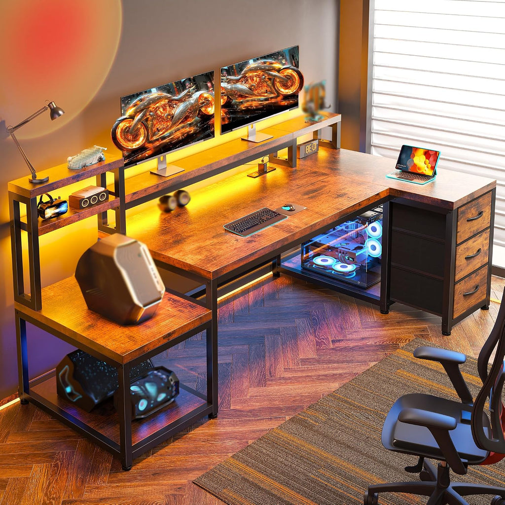 EnHomee 71' L Shaped Computer Desk with 3 Drawers & Hutch,Reversible Gaming Desk with LED Lights & Power Outlet,Home Office Desks with Monitor Stand & Printer Shelf for Student School Rustic Brown