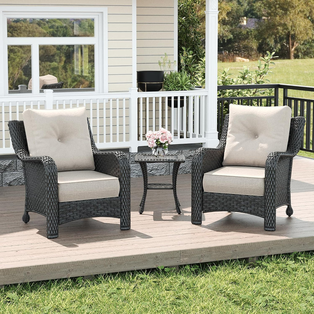 LayinSun 3 Piece Wicker Outdoor Furniture Set with 6-inch Comfy Cushions, High Back Patio Furniture Set with Rattan Armchairs and Side Table