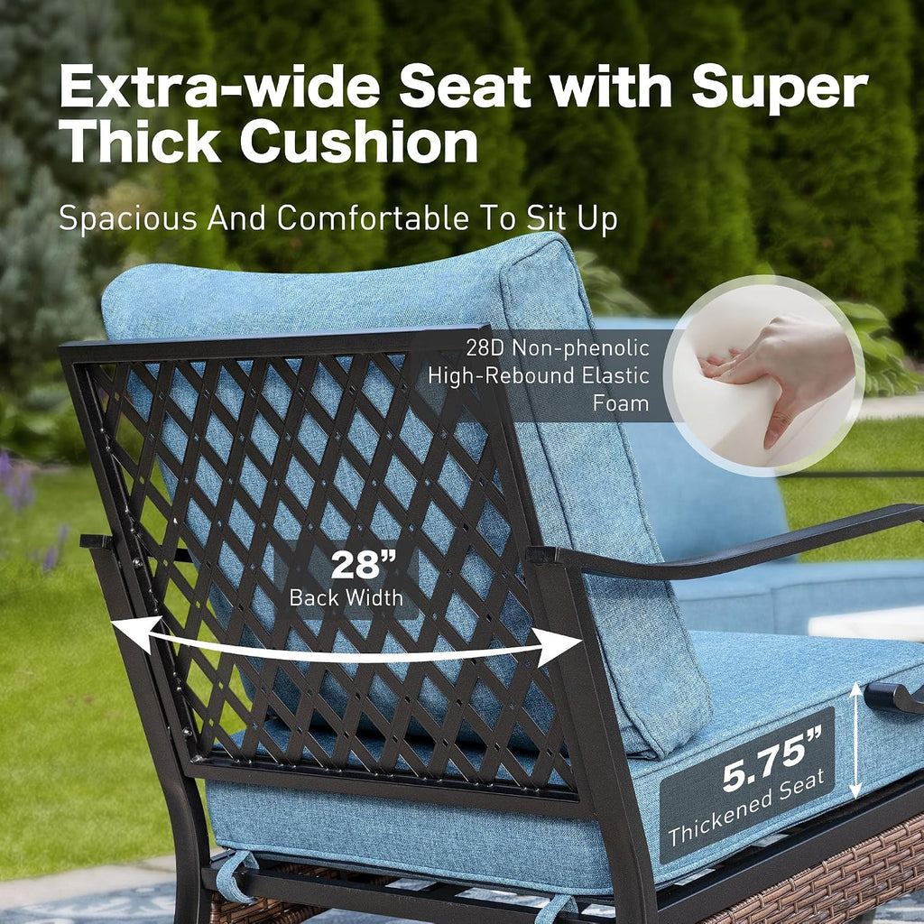 SUNSHINE VALLEY 5 PCS Metal Outdoor Patio Furniture Set, Patio Conversation Sets 1 3-Seater Sofa, 2 Swivel Chairs with 5.75' Extra Thick Cushion & Coffee Table, Black Backyard Furniture, Denim Blue