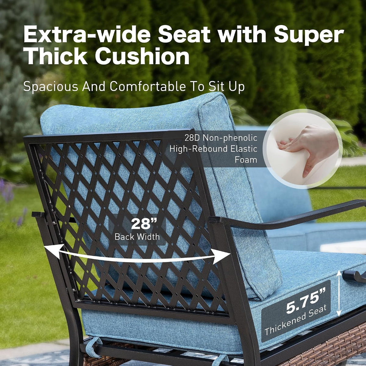 SUNSHINE VALLEY 5 PCS Metal Outdoor Patio Furniture Set, Patio Conversation Sets 1 3-Seater Sofa, 2 Swivel Chairs with 5.75' Extra Thick Cushion & Coffee Table, Black Backyard Furniture, Denim Blue