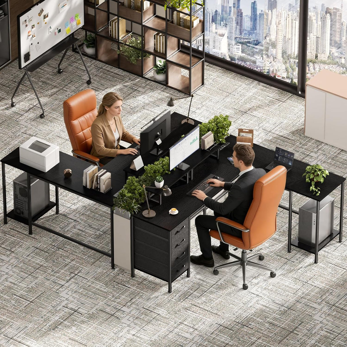 Korfile 66' L Shaped Computer Desk, 94.4'' Home Office Desk with Power Outlets, 4 Adjustable Storage Drawers & 2 Monitor Stands, Large Two Person Gaming Table for Writing Study, Black