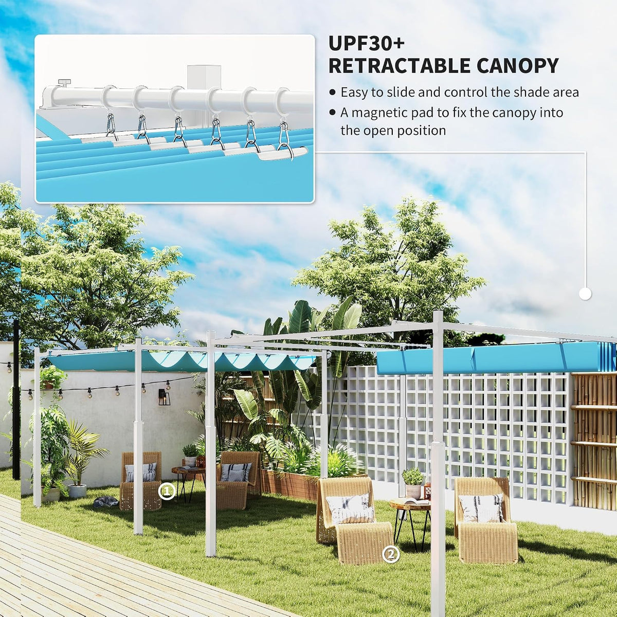 Outsunny 10' x 10' Retractable Pergola Canopy with Magnetic Fixture, UPF30+ Outdoor Patio Sun Shade Shelter, 3.1' Metal Column, for Garden, Backyard, Deck, Blue