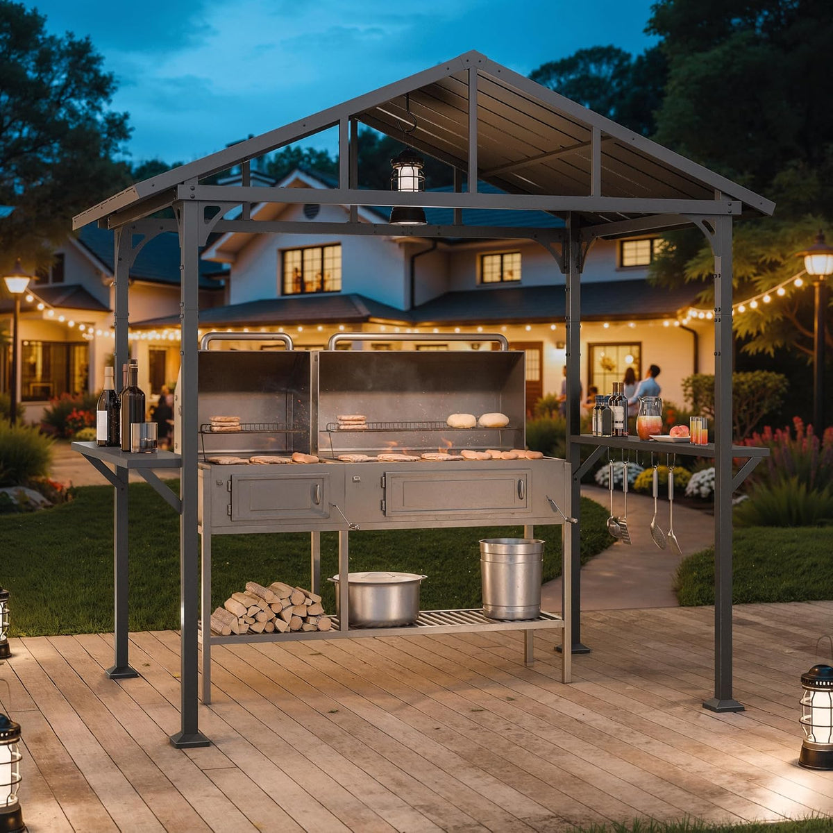 Kurapika 8' x 5' Hardtop BBQ Grill Outdoor Gazebo,Waterproof Sloping Roof, Bar with Tool Hooks, Smoke-Venting Iron Canopy for Patio, Yard,Garden, Family Party