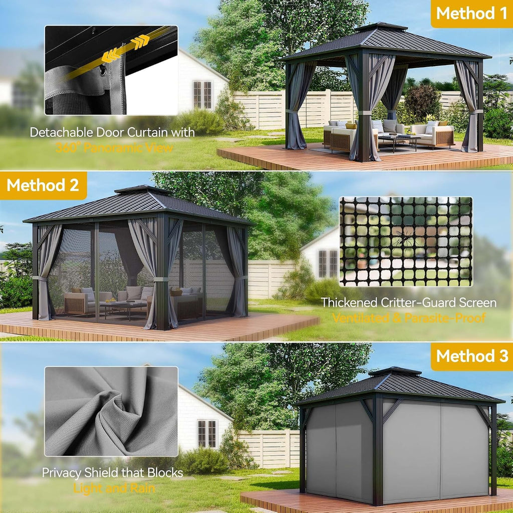 DWVO 12x12ft Gazebo Double Roof Hardtop with Nettings and Curtains, Heavy Duty Galvanized Steel Outdoor Vertical Stripes Roof for Patio, Backyard, Deck, Lawns, Grey