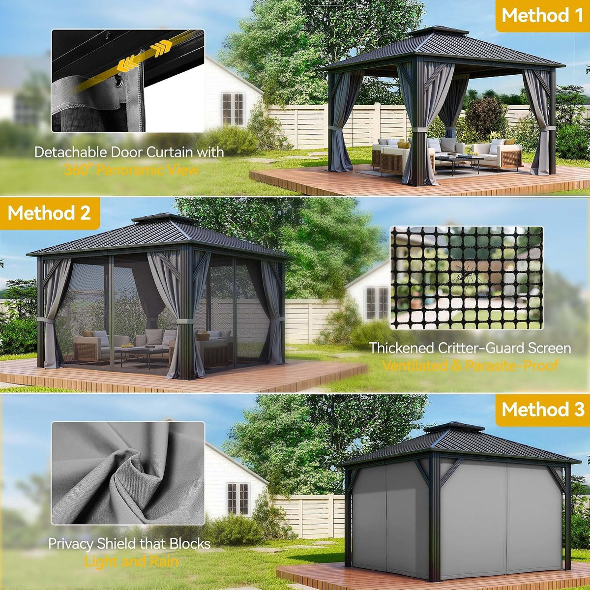 DWVO 12x12ft Gazebo Double Roof Hardtop with Nettings and Curtains, Heavy Duty Galvanized Steel Outdoor Vertical Stripes Roof for Patio, Backyard, Deck, Lawns, Grey