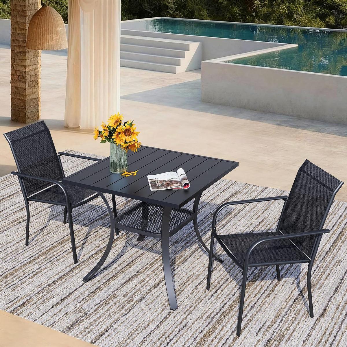 3 Piece Outdoor Dining Set, Patio Table and Chairs Set of 2, 27.6' Black Square Patio Table with 2 Black Stackable Patio Chairs for Lawn, Garden, Porch