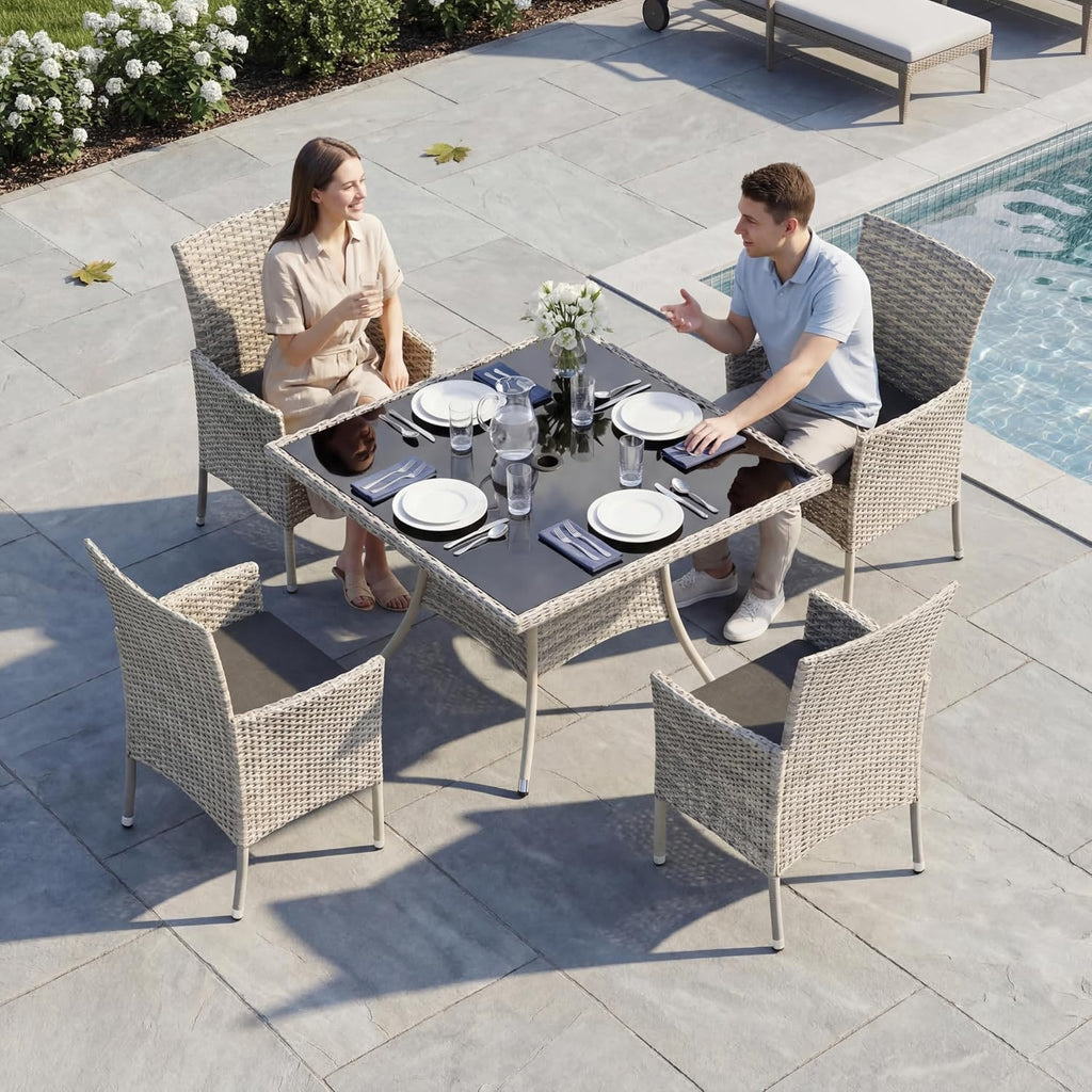 5-Piece Patio Dining Set, Patio Furniture Set with Square Tempered Glass Table & 4 Wicker Chairs, Expandable Design for Larger Groups, Outdoor Furniture for Backyard, Deck, Garden, Dark Grey