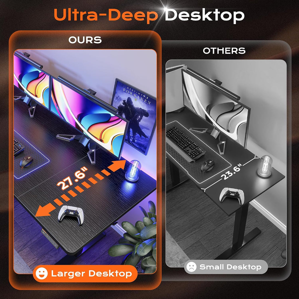 Huuger 63 x 28 Large Electric Standing Desk, Height Adjustable Computer Desk, 27.6' Deep Desktop, Stand up Gaming Office Table with 2 Hooks, 3 Preset Heights, for Home Office, Black