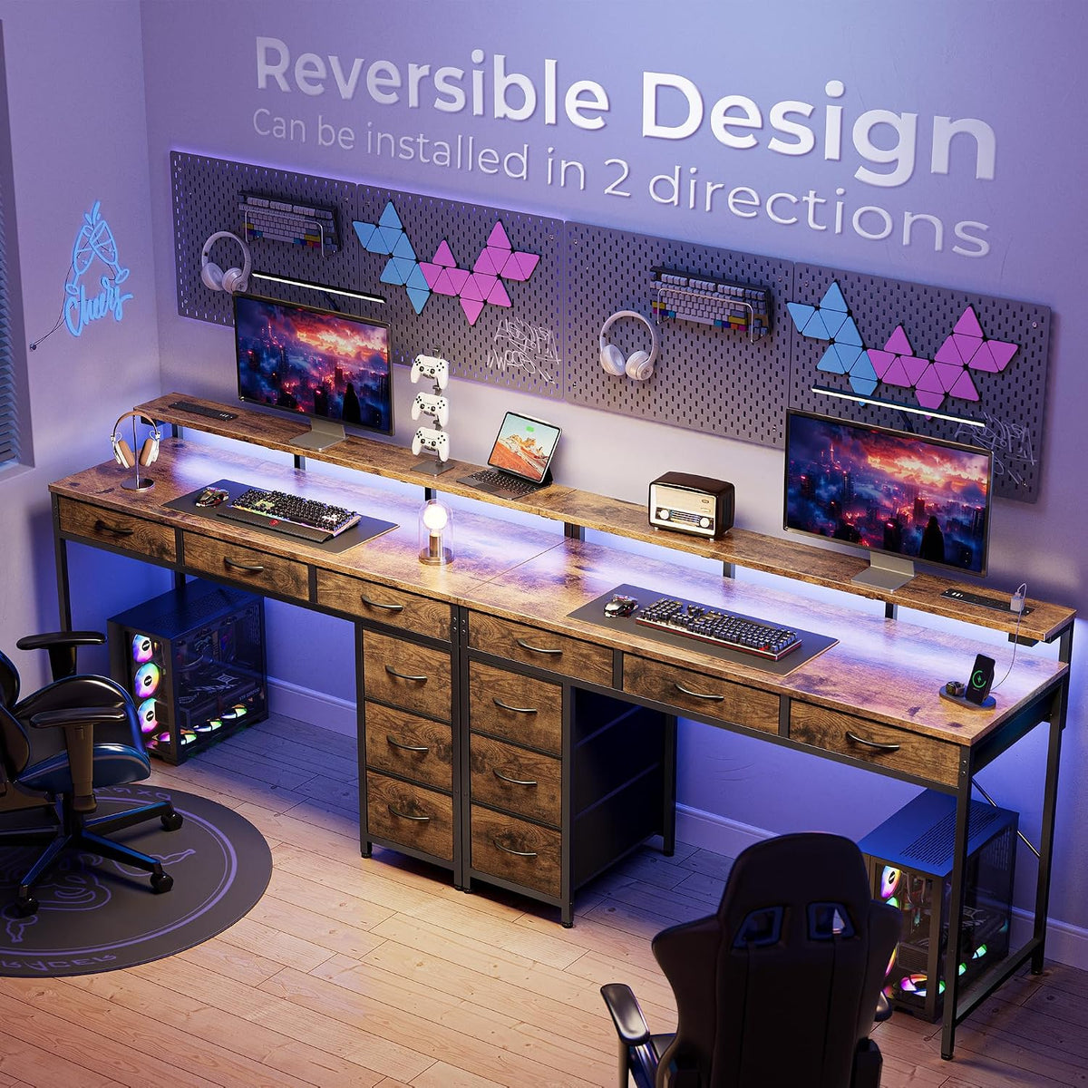Huuger Gaming Desk with 6 Drawers, Computer Desk with LED Lights Power Outlets and Type-C, 47 Inch Office Desk with Storage, Monitor Stand, Writing Desk Work Desk for Home Office, Study, Rustic Brown
