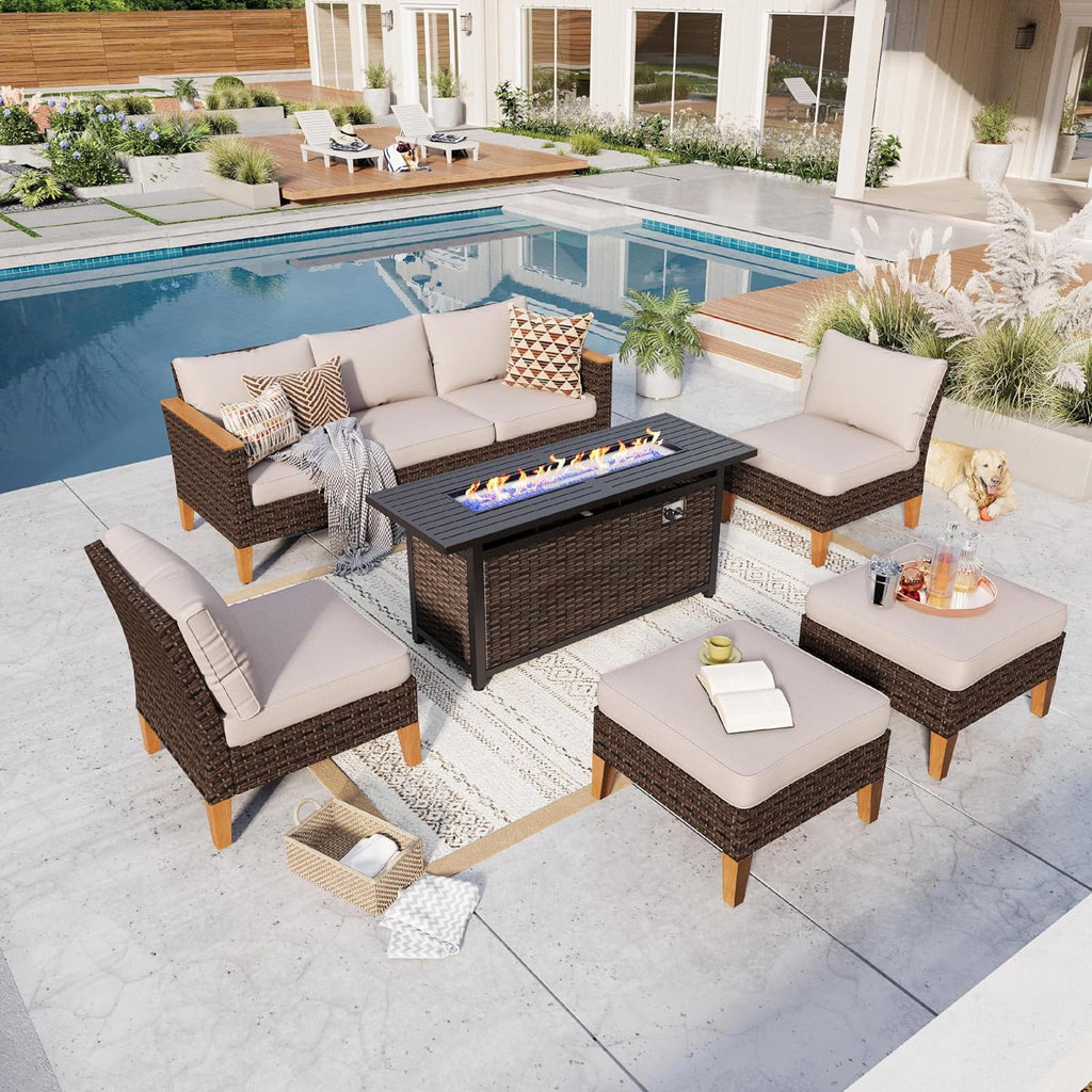 GREEN PARTY 7 Pieces Wicker Patio Furniture Set with 56' Fire Pit Table, All-Weather Outdoor Rattan Patio Sectional Sofa Conversation Set with 4' Thick Cushions for Garden, Backyard, 2 x Ottomans